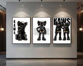 KAWS Figures Poster Set of 3, Hypebeast Room Decor, Black Gold Kaws Art, Living Room Wall Art, Bachelor Pad Decor, Kaws Poster Gift for Him
