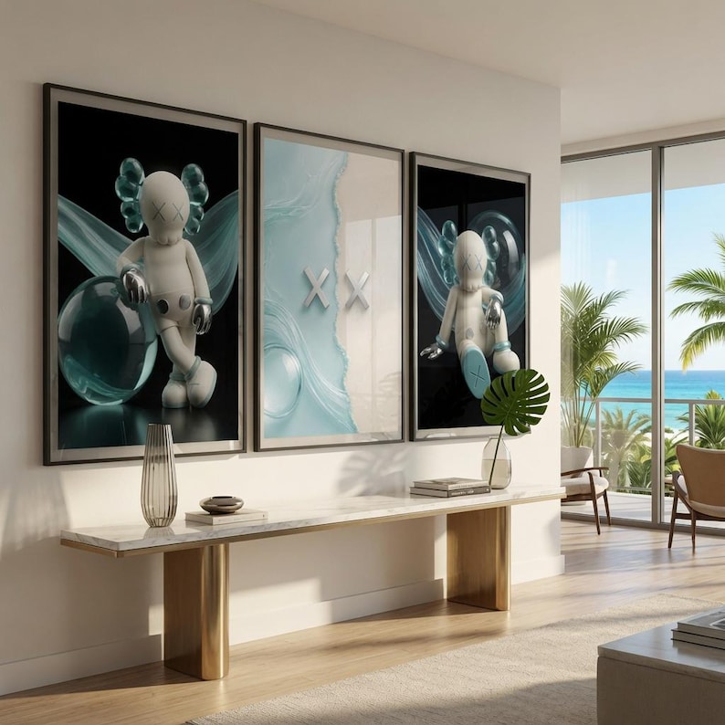 Kaws Poster Black Sea Wall Art Set of 3, Hypebeast Luxury House Decor,Summer Kaws Print,Luxury Beach HypeBeast Wall Art, Kaws Figures Gift image 10