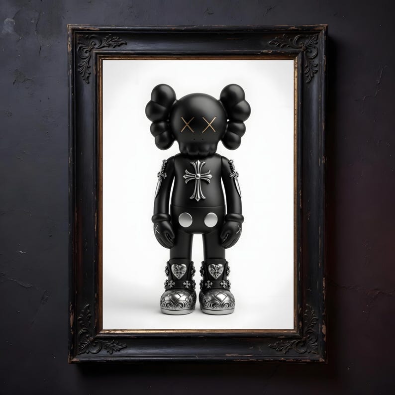 May include: A black framed artwork featuring a black figurine with a cross design on its chest and silver boots. The figurine has crossed-out eyes and a unique hairstyle. The frame is ornate and dark, set against a dark background.