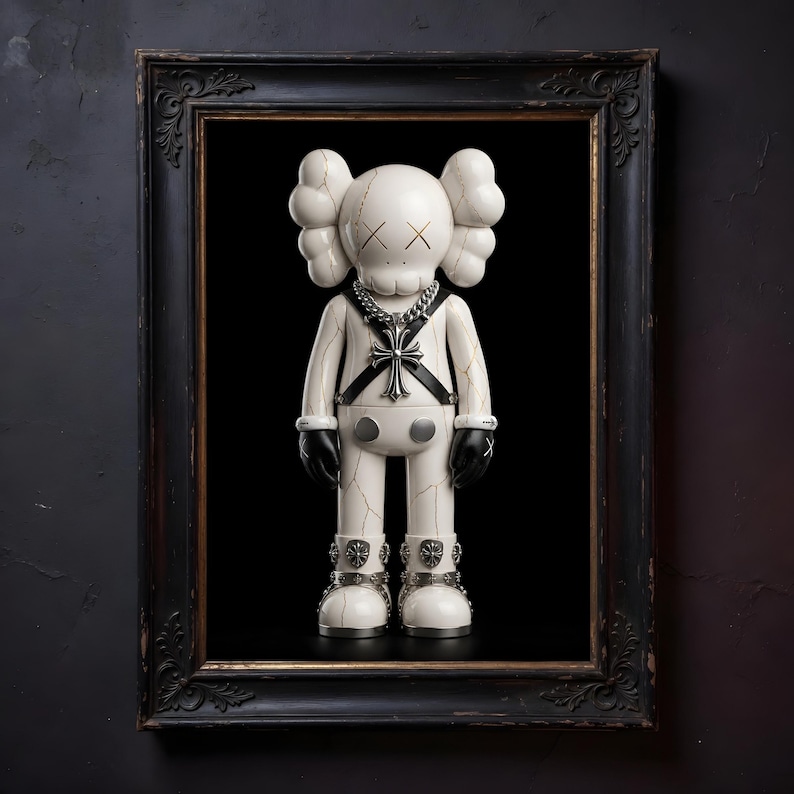 May include: A white vinyl figure with black gloves and boots, a silver chain, and a cross pendant, framed in a black ornate frame. The figure has an "XX" mark for eyes and a cracked design. The background is black.