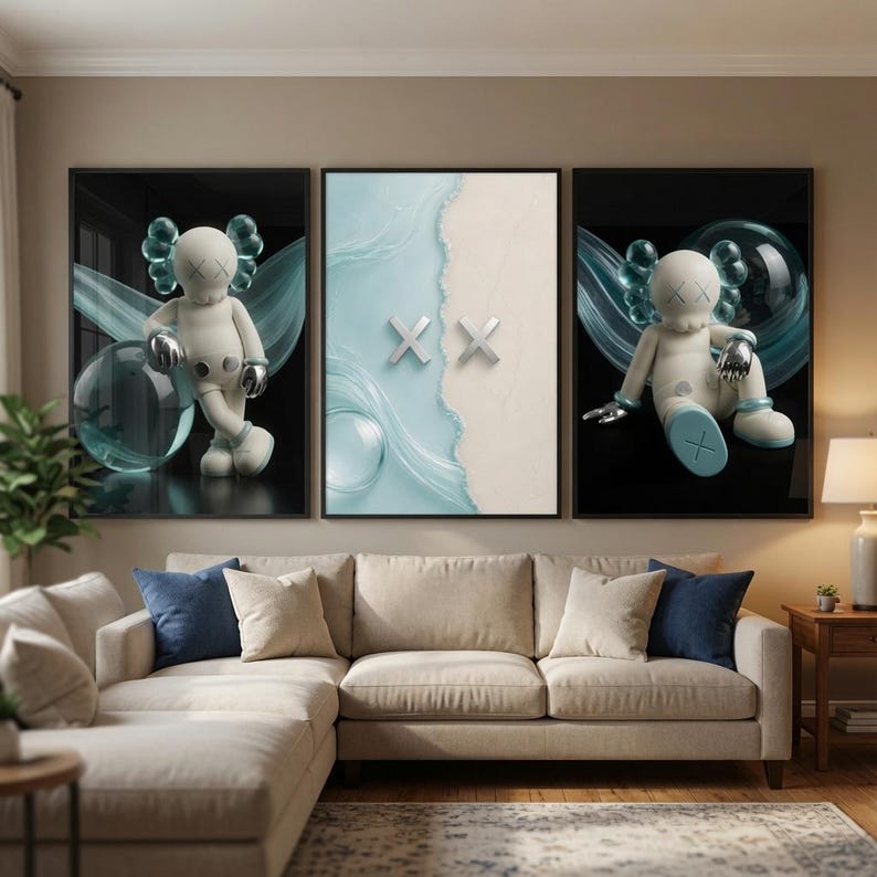 May include: A set of three framed wall art prints featuring a stylized white character with X-shaped eyes. The outer prints show the character against a black background with blue translucent spheres, while the center print displays a split design.