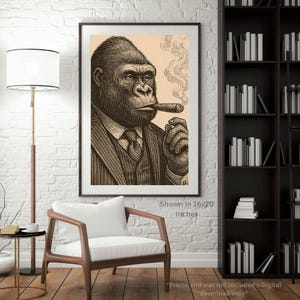 Victorian Gorilla Wall Art Printable – Gentleman Gorilla with Cigar – Vintage Animal Illustration – Lazy Lion Club Decor – Digital Download