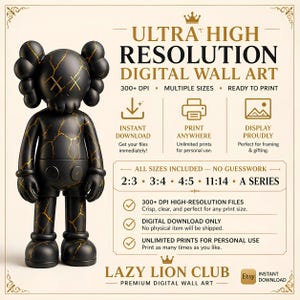 May include: A black figurine with gold marble-like veins and X-shaped eyes stands next to text advertising ultra-high resolution digital wall art. The graphic includes details about instant downloads, print ratios, and the brand name Lazy Lion Club.