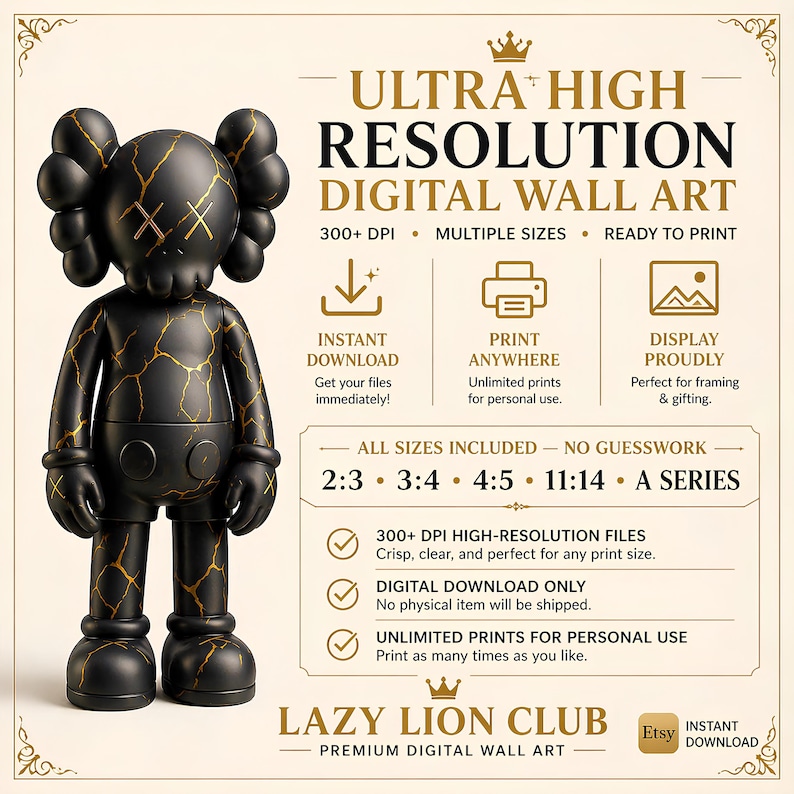 May include: A black figurine with gold marble-like veins and X-shaped eyes stands next to text advertising ultra-high resolution digital wall art. The graphic includes details about instant downloads, print ratios, and the brand name Lazy Lion Club.