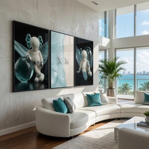 May include: A triptych wall art set featuring a stylized white character with X-shaped eyes and silver accents. The left panel shows the character leaning on a large sphere, the center panel displays two silver X symbols, and the right panel shows the character.