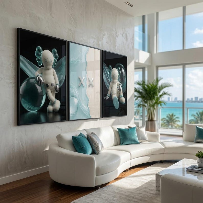 May include: A triptych wall art set featuring a stylized white character with X-shaped eyes and silver accents. The left panel shows the character leaning on a large sphere, the center panel displays two silver X symbols, and the right panel shows the character.