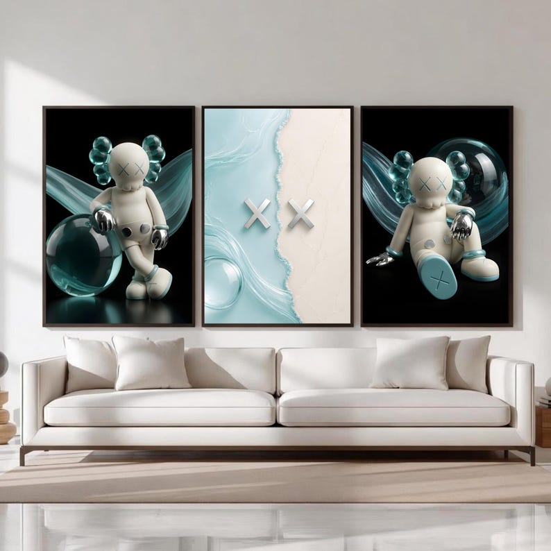 Kaws Poster Black Sea Wall Art Set of 3, Hypebeast Luxury House Decor,Summer Kaws Print,Luxury Beach HypeBeast Wall Art, Kaws Figures Gift image 1