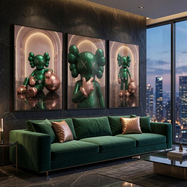 Puede incluir: Un conjunto de tres l&aacute;minas de arte mural enmarcadas que muestran un personaje verde brillante con ojos en forma de X y detalles en color cobre. Cada l&aacute;mina representa al personaje en una pose distinta dentro de un entorno arquitect&oacute;nico arqueado.