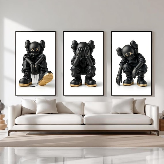 HypeBeast Decorative Kaws Wall Art Poster Set Of 3, Kaws Style Hypebeast Decor,Artful Hip Hop Decor Print, Kaws Figured Art Print