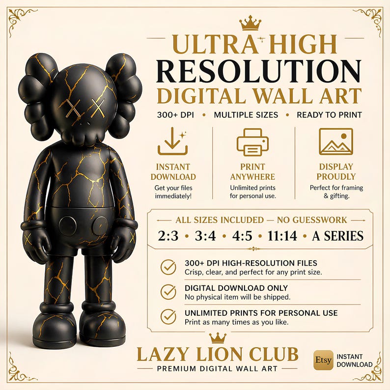 May include: Black digital wall art featuring a stylized figure with gold crackle detailing. The image includes text: "ULTRA HIGH RESOLUTION DIGITAL WALL ART" and "LAZY LION CLUB". It is available in multiple sizes and ready to print.