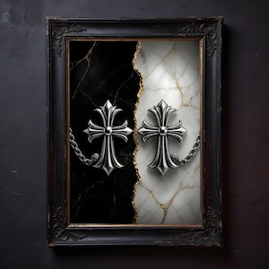 May include: Framed artwork featuring two silver crosses, each with intricate detailing, set against a split background. One side is black marble, the other white marble with gold veining. A silver chain connects the crosses.