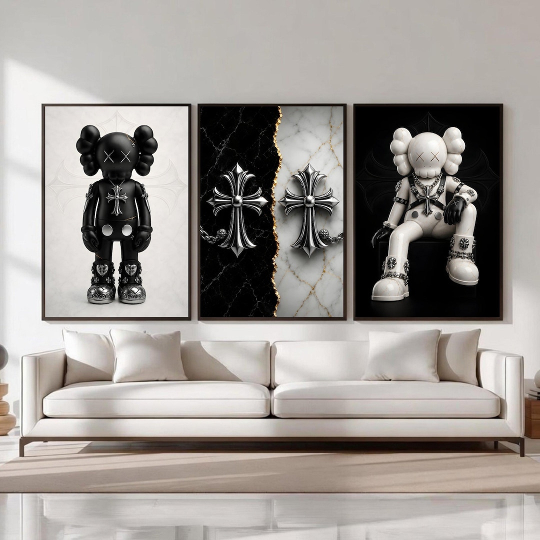 Chrome Hearts Kaws Poster Set of 3, Black White Hypebeast Decor