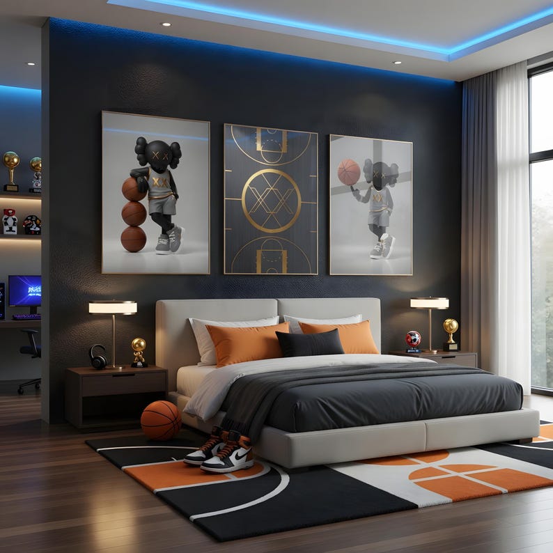 May include: A modern bedroom with basketball-themed decor. The room features a bed with orange and black accents, a basketball rug, and artwork depicting basketball players. A basketball and sneakers are placed near the bed.