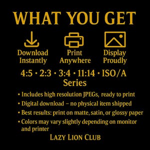 K&ouml;nnte beinhalten: Schwarze Grafik mit goldenem Text, der &bdquo;WHAT YOU GET&ldquo; mit Symbolen f&uuml;r Download, Druck und Anzeige anzeigt. Enth&auml;lt Informationen zu Dateiformaten und Druckoptionen. Der Text &bdquo;LAZY LION CLUB&ldquo; befindet sich unten.