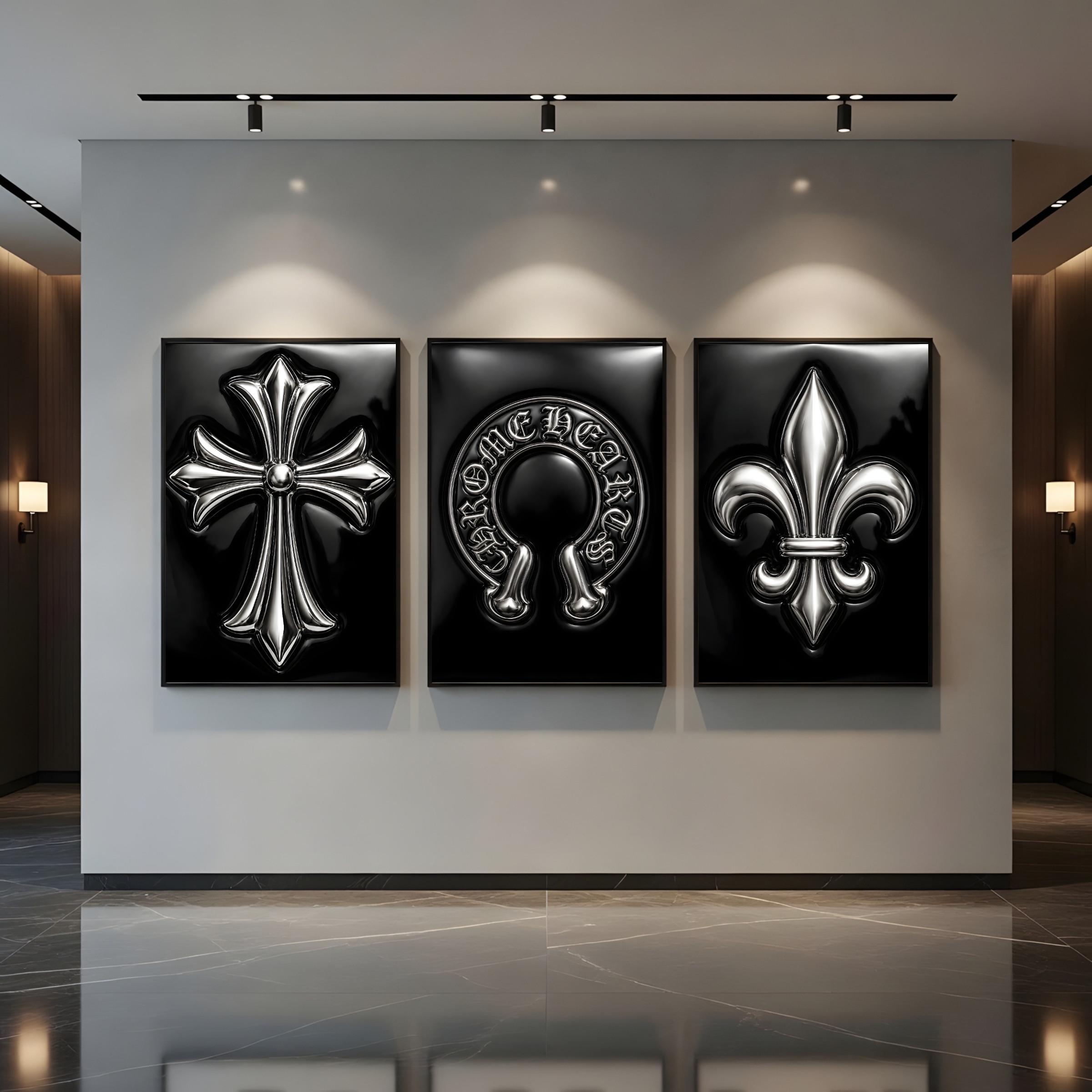 Chrome Hearts Hypebeast Wall Art Poster Set of 3, Black Silver