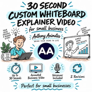 Puede incluir: Un gráfico promocional para un video explicativo de pizarra de 30 segundos de Anthony Animates. Incluye ilustraciones de una persona trabajando, una pizarra con un gráfico e iconos para la duración del video, voz en off y revisiones.