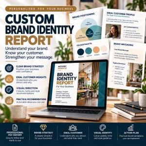 May include: A laptop displaying a Custom Brand Identity Report with text and graphics. Surrounding the laptop are printed pages detailing brand positioning, customer profiles, color palettes, and messaging strategies for business branding.