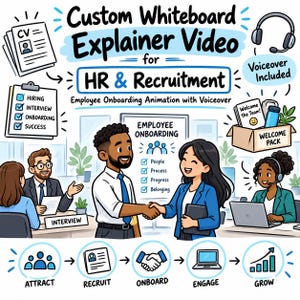 Puede incluir: Un gráfico de video explicativo de pizarra para RR. HH. y reclutamiento con ilustraciones de escenas de oficina, un paquete de bienvenida y un flujo de proceso con etiquetas de texto como Attract, Recruit, Onboard, Engage y Grow.
