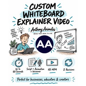 May include: A promotional graphic for a custom whiteboard explainer video service by Anthony Animates. It features illustrations of a person drawing, a whiteboard with charts, and icons representing 60 seconds, script, animation, voiceover, HD MP4, and 2 revisions.