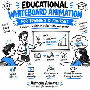 Peut inclure: Un graphique d'animation sur tableau blanc avec le texte EDUCATIONAL WHITEBOARD ANIMATION FOR TRAINING & COURSES. Il montre un présentateur devant un tableau avec des schémas, des étudiants et des icônes pour apprendre, pratiquer et réussir, avec la marque Anthony Animates en bas.