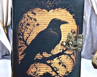 Libro de hechizos vintage de cuero con forma de cuervo gótico con candado, diario de cuero negro con papel de borde irregular, cuaderno de bruja estilo academia, regalo.