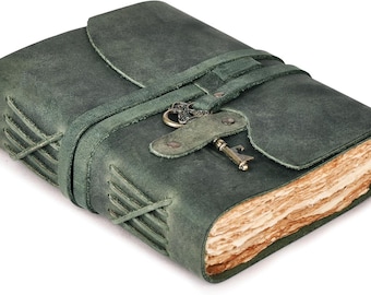 Vintage Green Leather Journal, Rustic Key Lock Diary Notebook, Handmade Paper, Travel Sketching