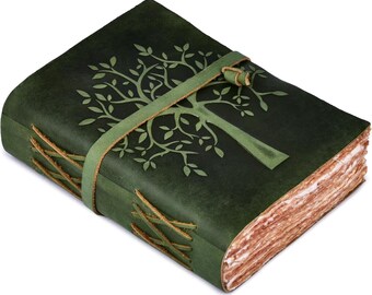 Green Buffalo Leather Tree of Life Journal, Handmade Paper Diary Notebook, Rustic Sketchbook