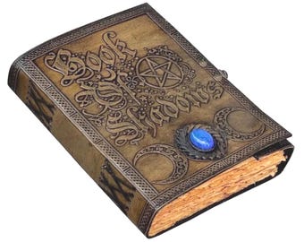 Libro de las Sombras, diario de cuero con diseño de pentagrama y gema azul, cuaderno de grimorio de brujería hecho a mano, diario de hechizos vintage,