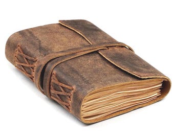 Handmade Vintage Leather Journal - Antique Blank Spell Book - Rustic Leather Sketchbook with Strap - Bound Daily Diary Gift for Men & Women