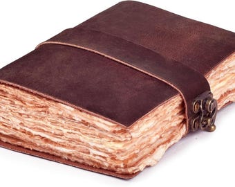 Vintage Leather Journal, Rustic Lock Diary Notebook, Handmade Paper, 7x5 Inches