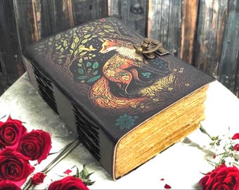Fox Forest Leather Journal with Antique Lock Closure, Handmade Vintage Deckle Edge Paper Notebook, Woodland Animal Diary