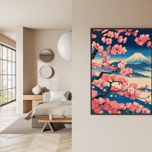 Mt Fuji Cherry Blossom Wall Art, Japanese Sakura Landscape Print, Elegant Nature Decor, Zen Tranquility Poster for Home