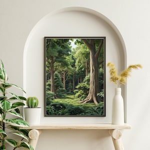 Mystical Forest Wall Art, Enchanted Green Trees Print, Nature Spirit Woodland Poster, Boho Botanical Home Decor,Calm Nature Landscape Poster