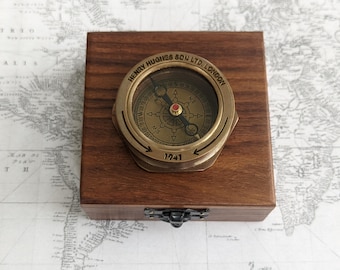 Vintage Brass Compass With Wooden Box | 1941 Nautical Replica Compass For Travel | Christmas Gifts