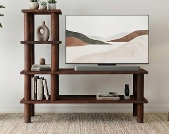 Handmade Wooden TV Unit, Solid Pine Media Console with Integrated Bookshelf