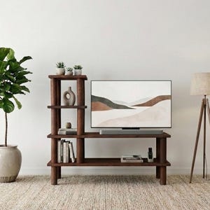 May include: A dark brown wooden TV stand with shelves, a TV displaying a landscape painting, and a floor lamp with a beige lampshade. A large potted plant and a beige rug are also in the room. The stand has the text "MAC HOME DESIGN".