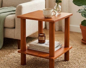 Handmade Solid Wood 2-Tier Side Table – Rustic Minimalist Nightstand Storage