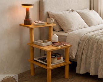 Handcrafted Solid Pine 3-Tier Bedside Organizer, Minimalist Wooden Side Table