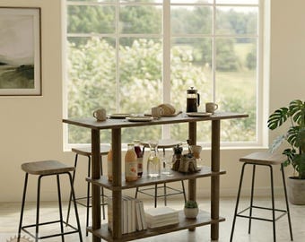 Kitchen Island, Solid Wood Balcony Bar Table, Handmade Pine Coffee Station, Japandi Console Storage