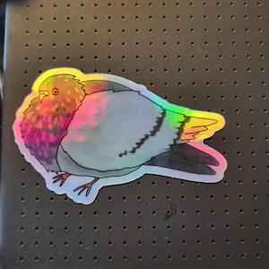 May include: A holographic sticker of a pigeon. The bird has a grey body, iridescent wings, and a colourful chest with pink, purple, and orange hues. The sticker has a white border and is on a black surface.