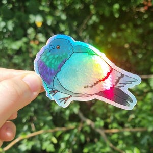 May include: A holographic sticker of a pigeon with a colourful iridescent design. The bird is depicted with blue, purple, green, and pink hues. The sticker is held against a blurred green background.