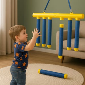 Peut inclure: Un jouet suspendu jaune et bleu avec des éléments cylindriques bleus et jaunes. Un enfant en chemise à motifs d'étoiles tend les bras vers le jouet. Le jouet est suspendu à une sangle bleue.