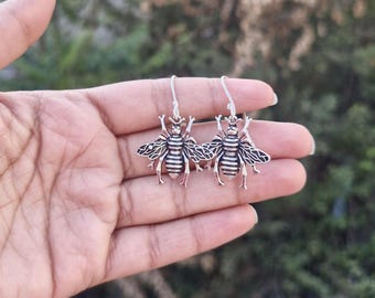 Gold Brass Bee Dangle Earrings, Boho Nature Insect Statement Jewelry