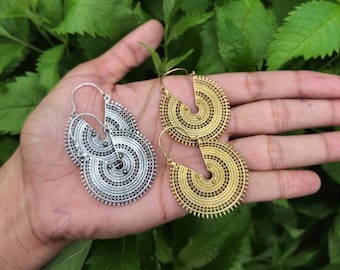 Gold Filigree Hoop Earrings, Brass vintage Design