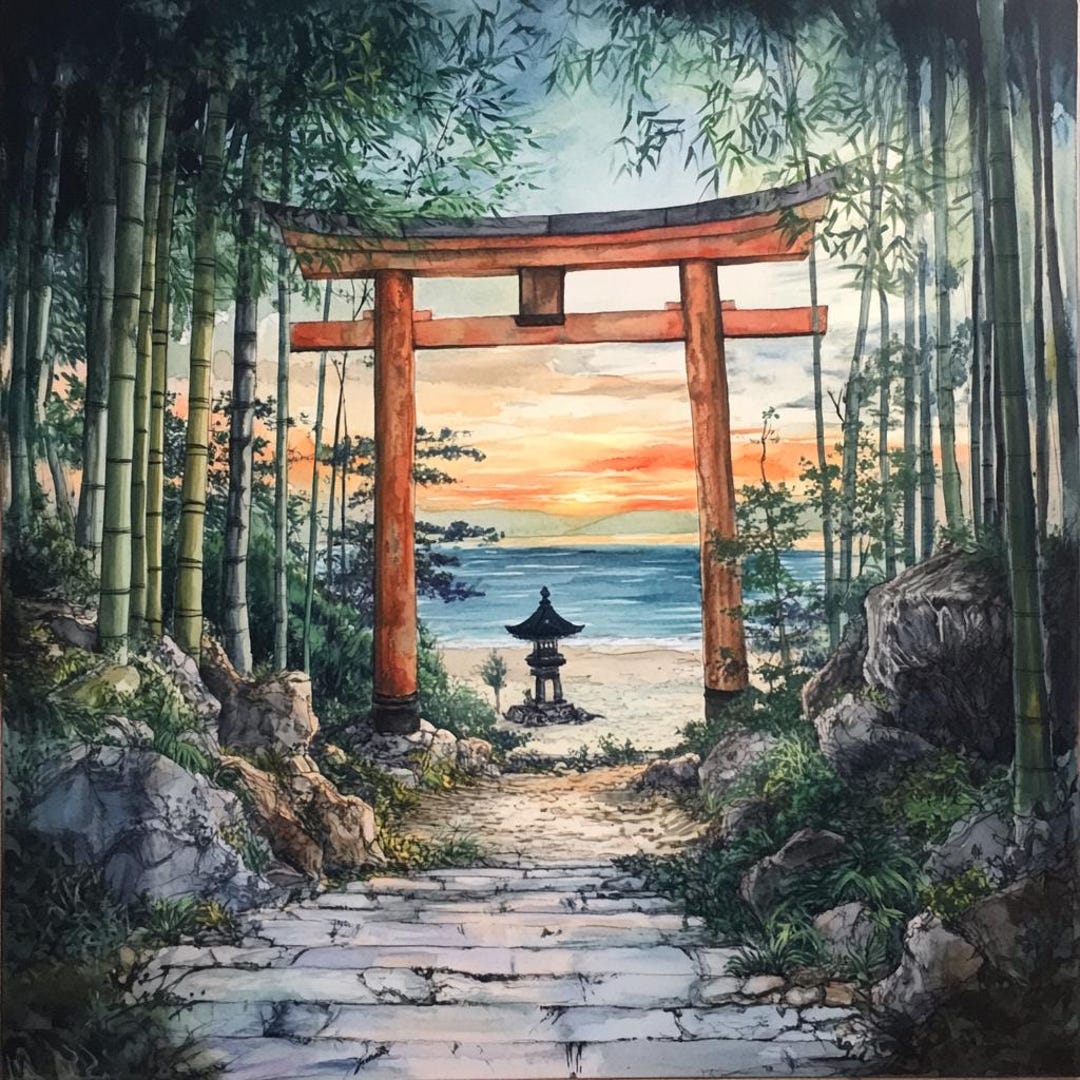 Japan Watercolor Art – Torii Shrine by the Sea With Bamboo Forest ...