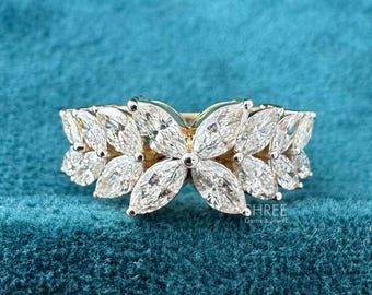 Marquise Lab Diamond Butterfly Cluster Ring IGI Certified Full Marquise Statement Band 14K Yellow Gold Cocktail Ring For Her