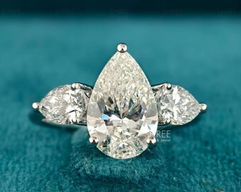 2CT Pear Lab Diamond Three Stone Ring IGI Certified 14K White Gold Pear Side Stone Engagement Ring Unique Trilogy Bridal Gift For Her