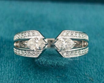 Marquise Lab Grown Diamond Open Cuff Band 14K Solid Gold Double Band Two Stone Ring Unique Statement Band For Anniversary Gift