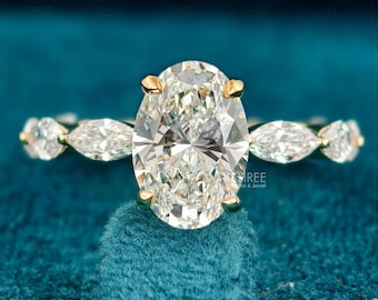 2.00 CT Oval Lab Grown Diamond Hidden Halo  Engagement Ring 14K Solid Gold Marquise And Round Accent Side Stone Ring Delicate Bridal Jewelry
