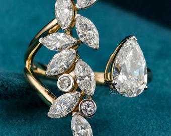 Pear Cut Lab Grown Diamond Cluster Set Bypass Ring 14K Solid Gold Nature Inspired Ring IGI Certified Pear Diamond  Open Cuff Ring